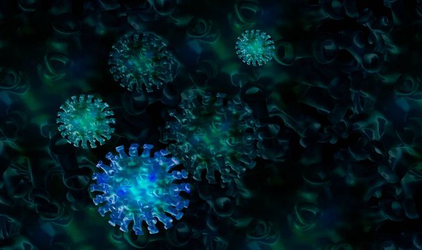 COVID-19, wirus Corona, wirus grypy, koncepcja zakażenia bakteriami pod mikroskopem. 3d renderowanie, Ilustracja wirusa korony - Zdjęcie, obraz
