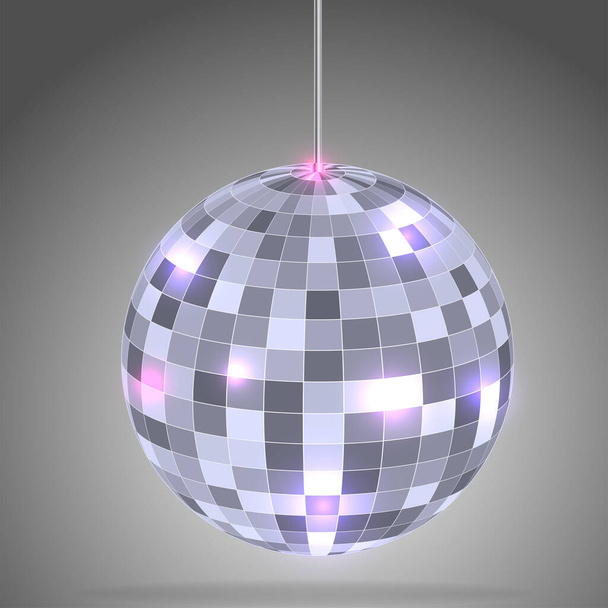 Disco ball in metallic color with multi-colored highlights on a gray background. For projects about discos and night clubs. - Vector, Image