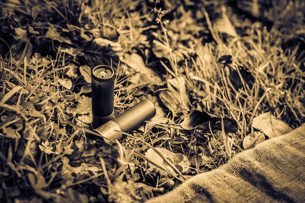 12 gauge bullets and a piece of canvas on the grass with fallen leaves - Zdjęcie, obraz