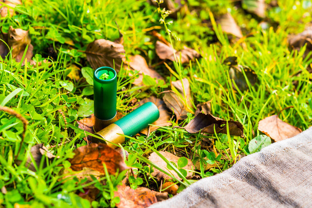12 gauge bullets and a piece of canvas on the grass with fallen leaves - Valokuva, kuva