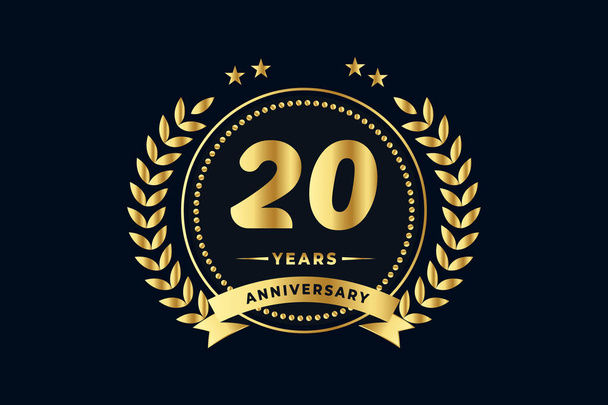 輝くリングと黄金のリボンを持つ20周年記念ロゴ、ネイビーブルーの背景に隔離された月桂樹の花輪 - ベクター画像