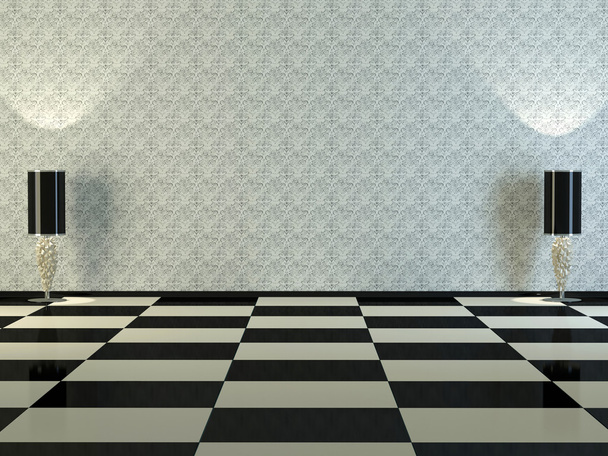 Design interior da elegância clássica sala vazia, lâmpadas de farinha em sala branca e preta, renderização 3d
 - Foto, Imagem