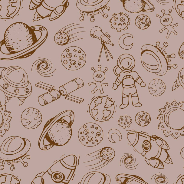 spazio set vettoriale illustrazione disegnato a mano carino immagini bambini luminoso colorato razzo meteorite pianeta alieno dischi volanti astronauta satellite sole saturno stelle marte e costellazioni. Rete di stampa  - Vettoriali, immagini