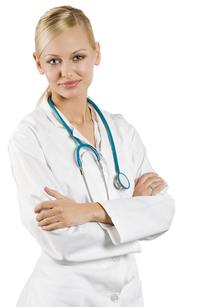 sonriente médico mujer con estetoscopio aislado sobre fondo blanco
 - Foto, imagen