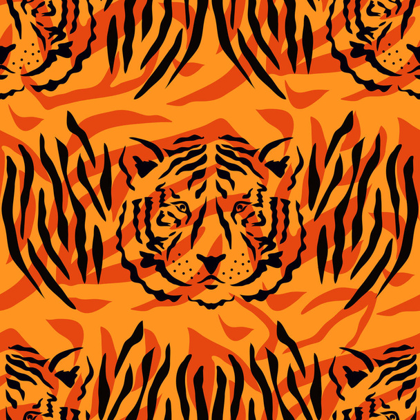 Tiger  beautiful  seamless pattern  in different colors in cartoon flat style. Modern fashion print  skin design for textile, fabric, wallpaper.  Safari style. Vector illustration - Wektor, obraz