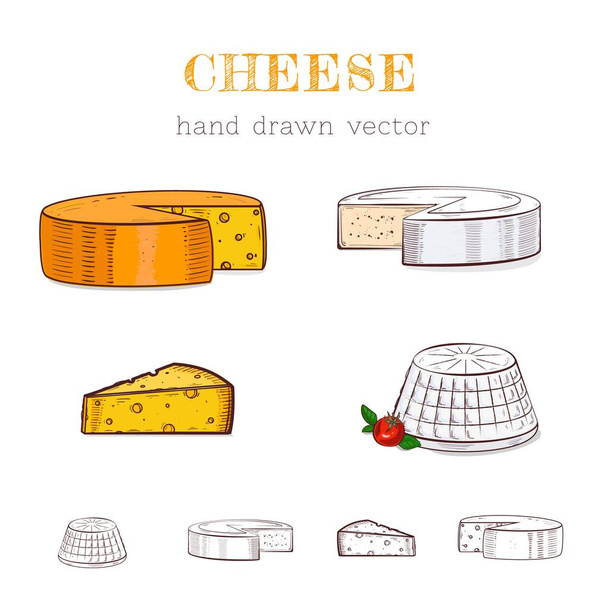 Illustration vectorielle dessinée à la main des types de fromage. Coloré et contours. Isolé sur blanc. - Vecteur, image