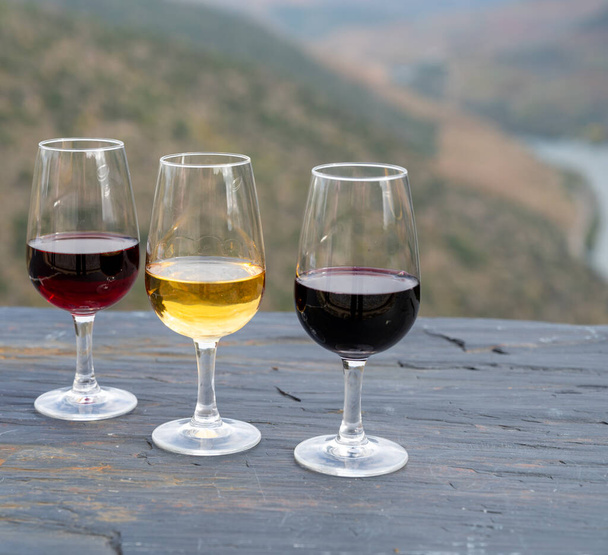 Portekiz tahkim edilmiş tatlı ve porto şarabı tatma, Douro nehri ile Douro Vadisi 'nde üretilen ve sonbaharda arka planda renkli teraslı üzüm bağları, Portekiz - Fotoğraf, Görsel