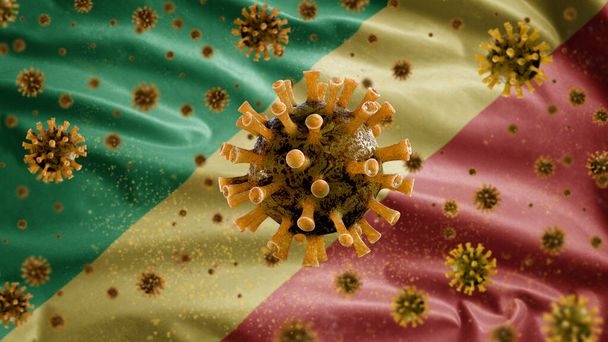 3D, Kongo bayrağı sallanıyor. Coronavirüs salgını solunum sistemini tehlikeli bir grip gibi etkiliyor. Arkaplanda ulusal Kongo Cumhuriyeti bayrağı dalgalanan Covid 19 tipi bir virüs.. - Fotoğraf, Görsel