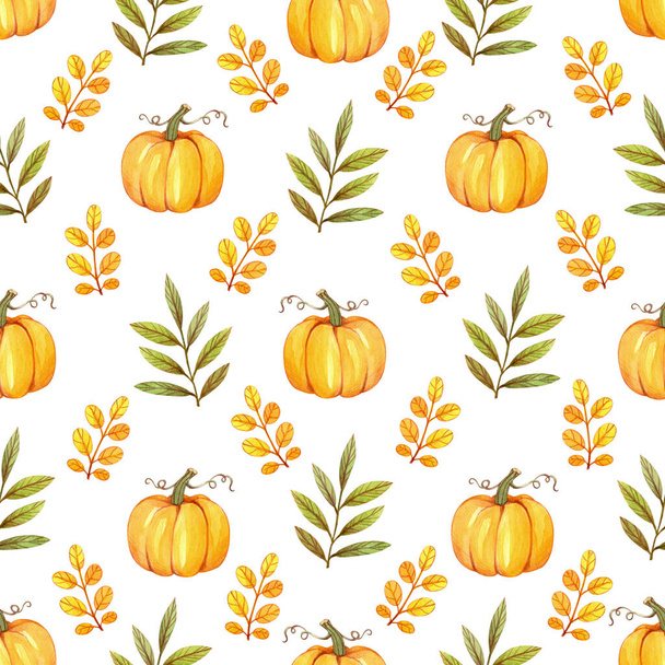 Cute seamless pattern with pumpkins and leaves. Drawn by hand with watercolors and colored pencils. For wrapping paper, wallpaper, textiles and more. - Photo, Image