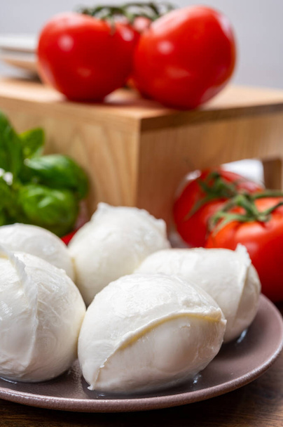 Colección de quesos, pequeñas bolas de queso mozzarella suave blanco fresco servido con tomates rojos y albahaca verde fresca de Italia de cerca - Foto, imagen