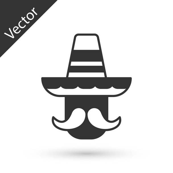 Homem mexicano cinzento vestindo ícone sombrero isolado no fundo branco. Homem hispânico com bigode. Vetor - Vetor, Imagem