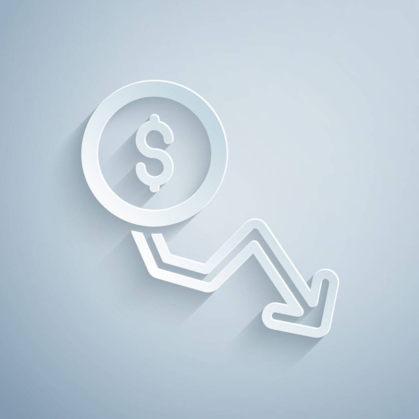 Paper cut Dollar rate decrease icon isolated on grey background. Cost reduction. Money symbol with down arrow. Business lost crisis decrease. Paper art style. Vector - Vector, Image