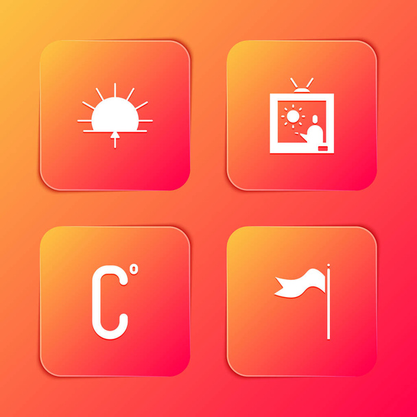 Set Sunrise, Weather forecast, Celsius and Meteorology windsock wind vane icon. Vector. - Vector, Image