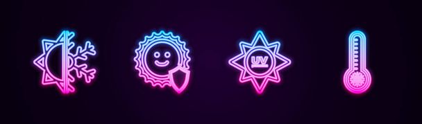 Set line Sun and snowflake, UV protection,  and Meteorology thermometer. Glowing neon icon. Vector. - Vector, Image