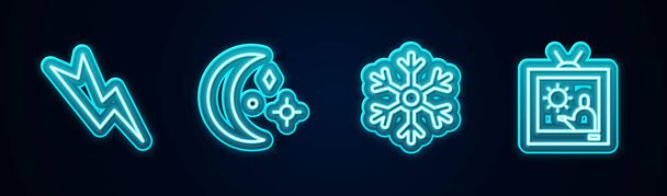 Set line Lightning bolt, Moon and stars, Snowflake and Weather forecast. Glowing neon icon. Vector. - Vector, Image