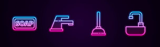 Set line Bar of soap, Water tap, Rubber plunger and Washbasin with water. Glowing neon icon. Vector. - Vector, Image