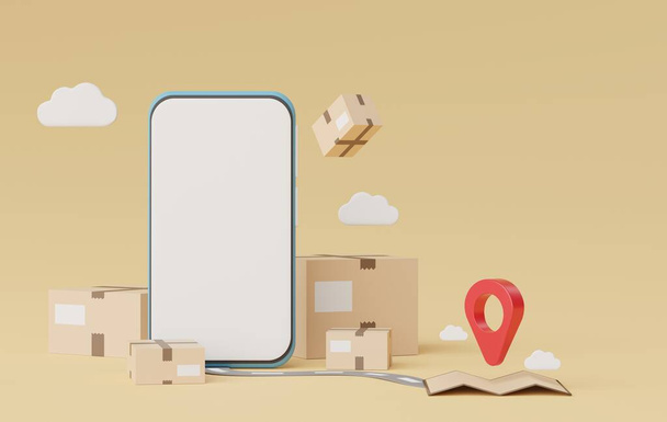 3Dは、モックアップと創造的なデザインのための茶色の段ボール箱の小包と場所の地図ピンで携帯電話をレンダリングします。オンラインショッピングの概念。高速輸送サービス - 写真・画像
