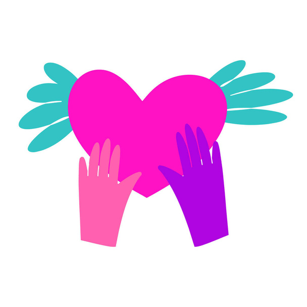 Две цветные руки, похожие на руки ребенка или человека с синдромом Дауна, держат сердце с крыльями. Международный день защиты детей - Вектор,изображение