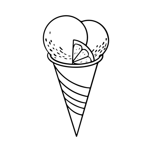 サクサクのワッフルコーンにアイスクリームボール。手描きのドアスケッチ - ベクター画像