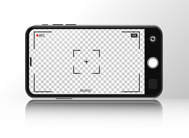 Camera in phone screen for photo. Interface of app for shot photo, record video. Horizontal mockup of smartphone with camera and ui. Icons of viewfinder, flash, focus, zoom, grid for selfie. Vector - ベクター画像