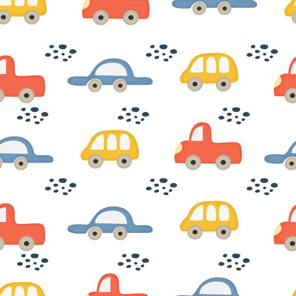 Cartoon car seamless pattern for kids, boys. Vector illustration. - Vector, Image