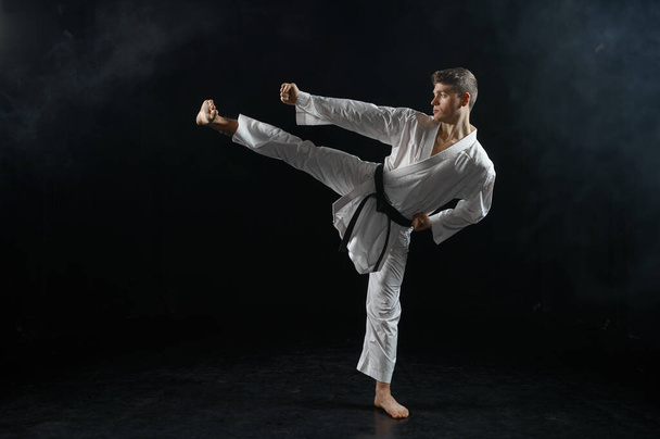 Male karateka, fighter in black kimono, combat stance, dark background. Man on workout, martial arts, training before fighting competition - 写真・画像