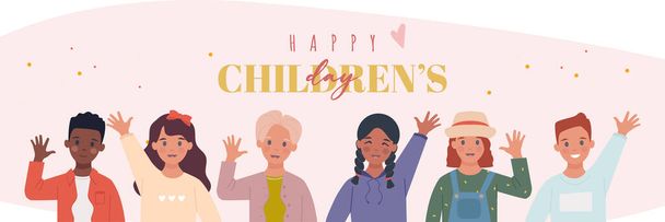 Set con bambini multietnici alzando le mani nel saluto - Vettoriali, immagini
