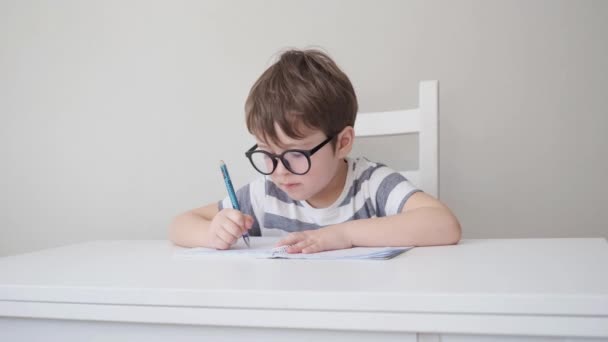 Neljä tonnia. pieni söpö vakava valkoihoinen poika lasit tutkimuksessa, kirjoittaa - Materiaali, video