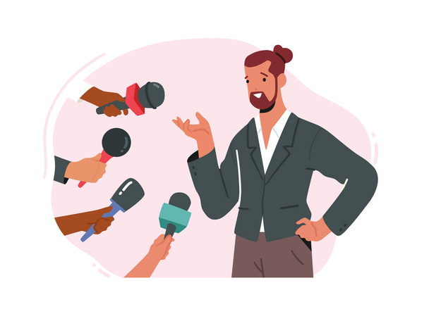 Successful Businessman or Famous Politician Character Gives Interview and Sharing Opinion with Newspaper Journalists - Vector, Image