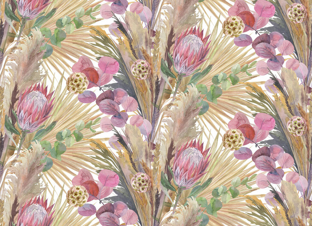 patrón sin costuras con un ramo de flores secas con flor de protea - Foto, imagen