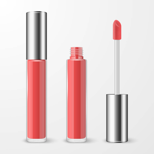 Vector 3d Realistic Closed, Opened Red, Pink Lip Gloss, Lipstick Package, Silver Cap Set Isolated. Glass Container, Tube, Lid, Brush. Plastic Transparent Bottle Design Template, Mockup. Front View - Vetor, Imagem