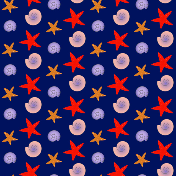 Modello con stelle marine e conchiglie. Illustrazione vettoriale su sfondo blu.  - Vettoriali, immagini