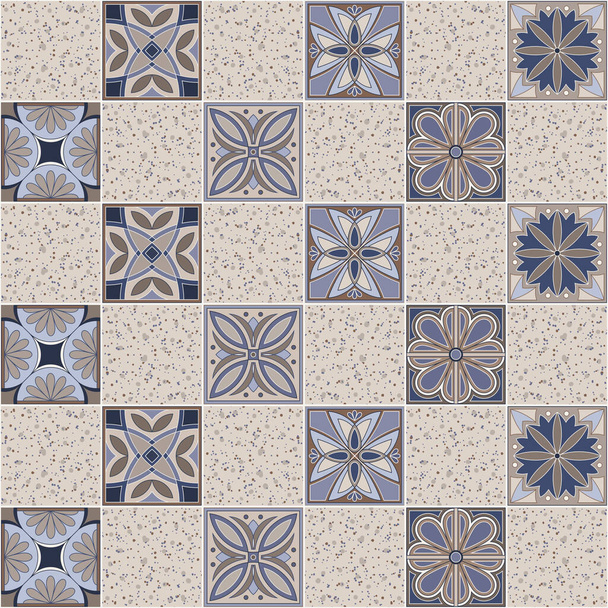 Geometric background square tiles with an ethnic pattern in beige and blue colors mixed with marble tiles - Vector, Image