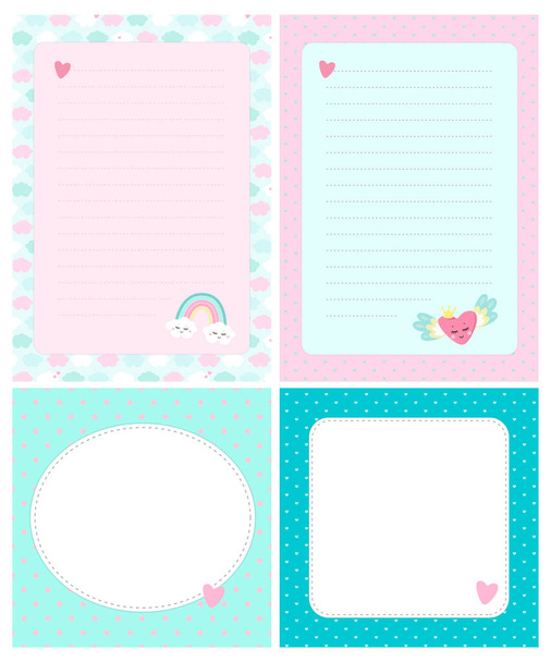 Set of cute cards, letters, blanks, pages for notes in childish style in unicorn theme. Vector template suitable for to do list, card, party invitation and cute letter for postcrossing.  - Vector, Image