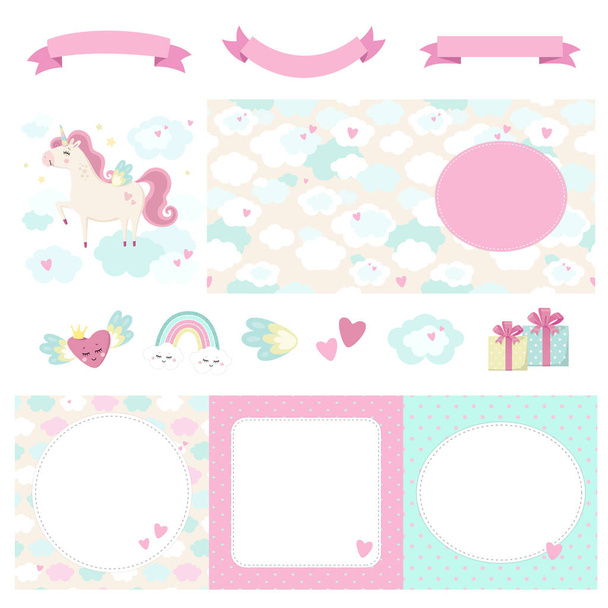 Unicorn theme. Big set of cute blank cards and tags with seamless pattern and decorative elements for DIY suitable for greeting, invitation, wish cards, birthday party, baby shower. Pastel colors.  - Vector, Image