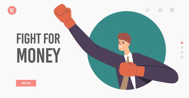 Fight for Money Landing Page Template. Businessman Fighting in Boxing Gloves. Manager Male Character Mortal Combat - Vector, Image