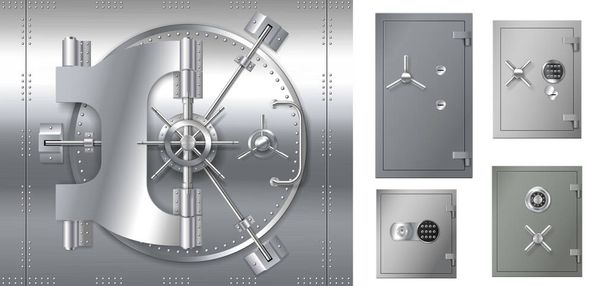 Set of safe lockers doors. Closed strongboxes realistic isolated. Steel banking safes and vaults - Vector, Image