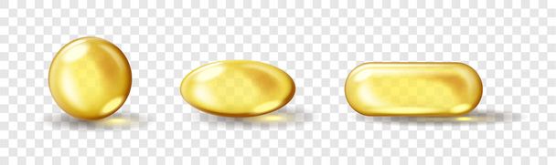 Conjunto de cápsulas de aceite dorado. Cosmética píldora cápsula de vitamina E, A, aceite de almendras, Omega 3, pescado - Vector, Imagen