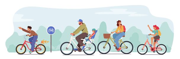 Felices personajes de la familia montando bicicletas. Entrenamiento para Padres e Hijas, Estilo de Vida Saludable, Actividad Deportiva Exterior, Papá, Hijo - Vector, Imagen