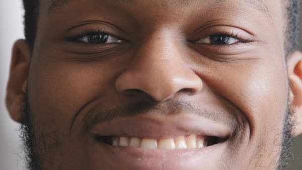 Videoporträt junger lächelnder Afroamerikaner. Gesunder Mann mit weißem zahnlosen Lächeln, der in die Kamera blickt. Glücklich selbstbewusst gut aussehende junge erwachsene Unternehmer, Führer, Manager posiert im Büro. - Filmmaterial, Video