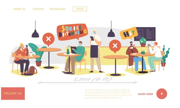Social Distance and New Normal After Global Pandemic Landing Page Template. Characters in Cafe or Restaurant - Vector, Image