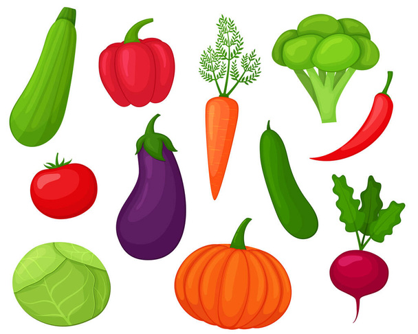 Set of vegetables in cartoon style. Healthy food vector. The illustration is isolated on a white background.Web - Vettoriali, immagini
