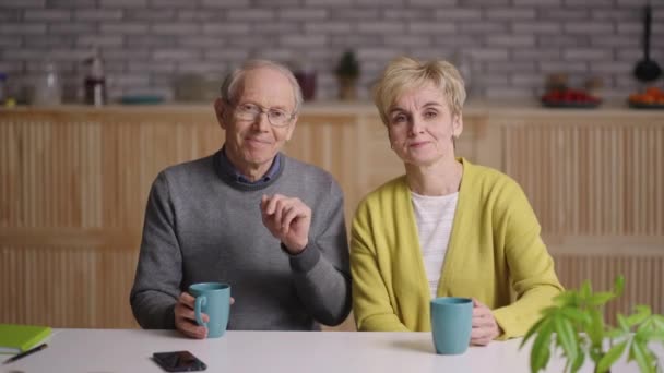 portrét okouzlujících důchodců, kteří se dívají do kamery a mluví, mávají rukama na přivítanou, stařec a žena sedí v kuchyni - Záběry, video