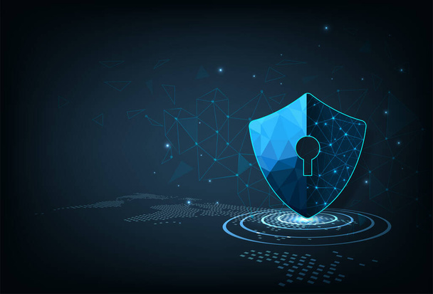 ダークブルーの背景にセキュリティシールドアイコンのデジタル表示.ハッカーやウイルスに対するオンラインデータアクセス防御のための技術.インターネットセキュリティの概念.  - ベクター画像