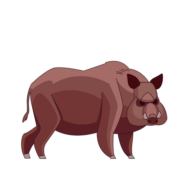 Wildschweine beobachten die Umgebung. Zeichentrickfigur eines großen Säugetieres. Ein wildes Waldwesen mit braunem Fell. Seitenansicht. Vektorflache Darstellung isoliert auf weißem Hintergrund - Vektor, Bild