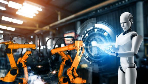 Robot dell'industria meccanizzata e bracci robotici per il montaggio nella produzione di fabbrica . - Foto, immagini