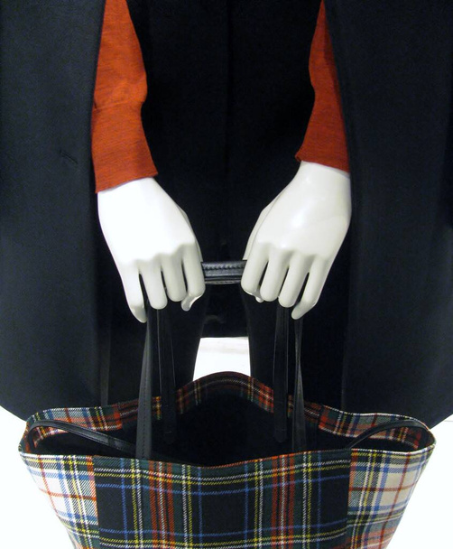 Elegantní tartan kontrola tote ramenní kabelka v rukou figuríny  - Fotografie, Obrázek