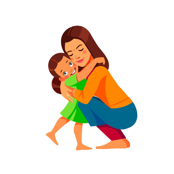 Hinduska kobieta Matka i dziecko. Mama przytula córkę z wielką miłością i czułością. Dzień Matki, świąteczny pomysł. Kreskówka płaski izolowany wektor projekt - Wektor, obraz