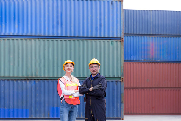 Import and export logistic transportation concept. Container Shipping Logistics of import and export transportation industry. Foreman and manager work stand in front of cargo containers. - Фото, зображення