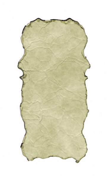 Antik pergamen banner égett és göndör élek elszigetelt fehér háttérrel. 3D fantasy illusztráció. Régi vintage tekercs ráncokkal és redőkkel. Középkori ősi pajzs. Menü sablon. - Fotó, kép